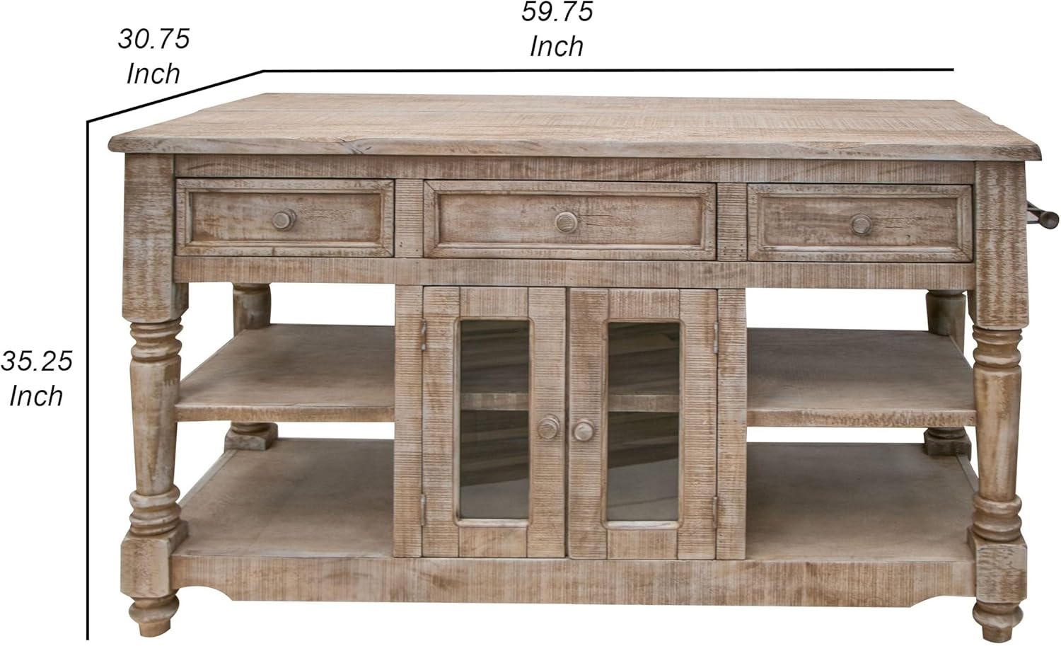 Benjara Genie 60 Inch Kitchen Island, Mango Wood, 3 Drawers, 2 Doors, Drift Sand, Brown