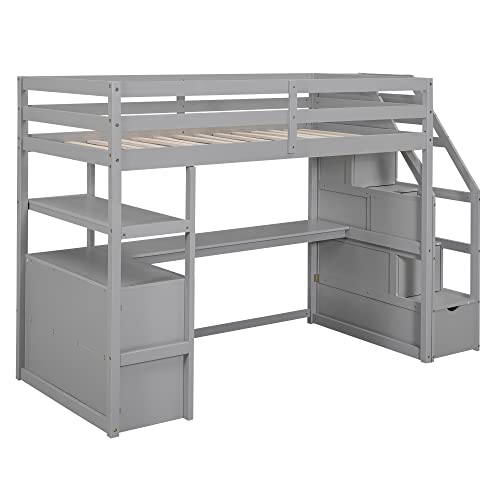 Full Size Loft Bed with Built-in L-Shaped Desk and Bookshelves, Solid Wood Loft Bed Frame with Safety Guardrail and Storage Staircase,Save Bedroom Space for Kids and Teens. (Grey~N)