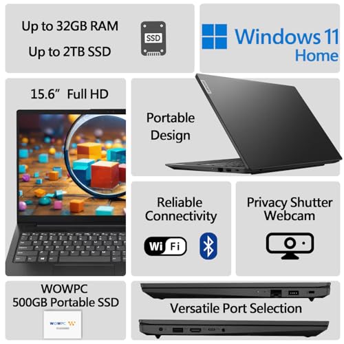 Lenovo Newest V15 Essential Laptop | Intel Multitasking 4-core Processor | 32GB RAM | 1TB SSD | 15.6" FHD 1080p Display | Ethernet RJ-45 | Rugged Design | Windows 11 Pro | WOWPC 500G Portable Drive