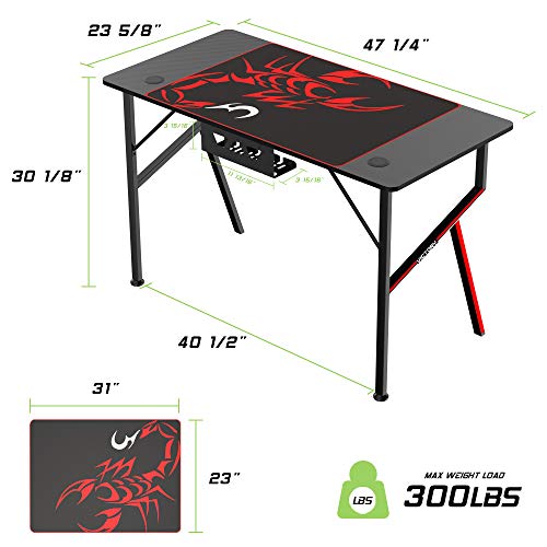 EE EUREKA ERGONOMIC gaming desk office desk Computer Desk home table 47 Inch desk with Mouse Pad Headset Hook Cup Holder Controller Stand, Black