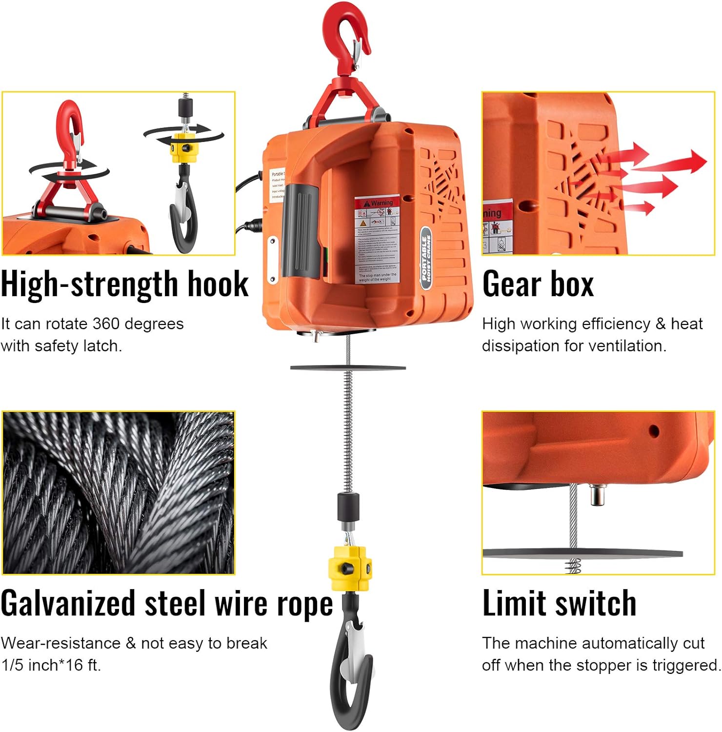 VEVOR Hoist, 1100lbs Portable Electric, 1500W 110V Power Winch Crane, 25ft Height, w/Wire Remote Control and Overload Protection for Garages Warehouse Lifting Towing, Orange