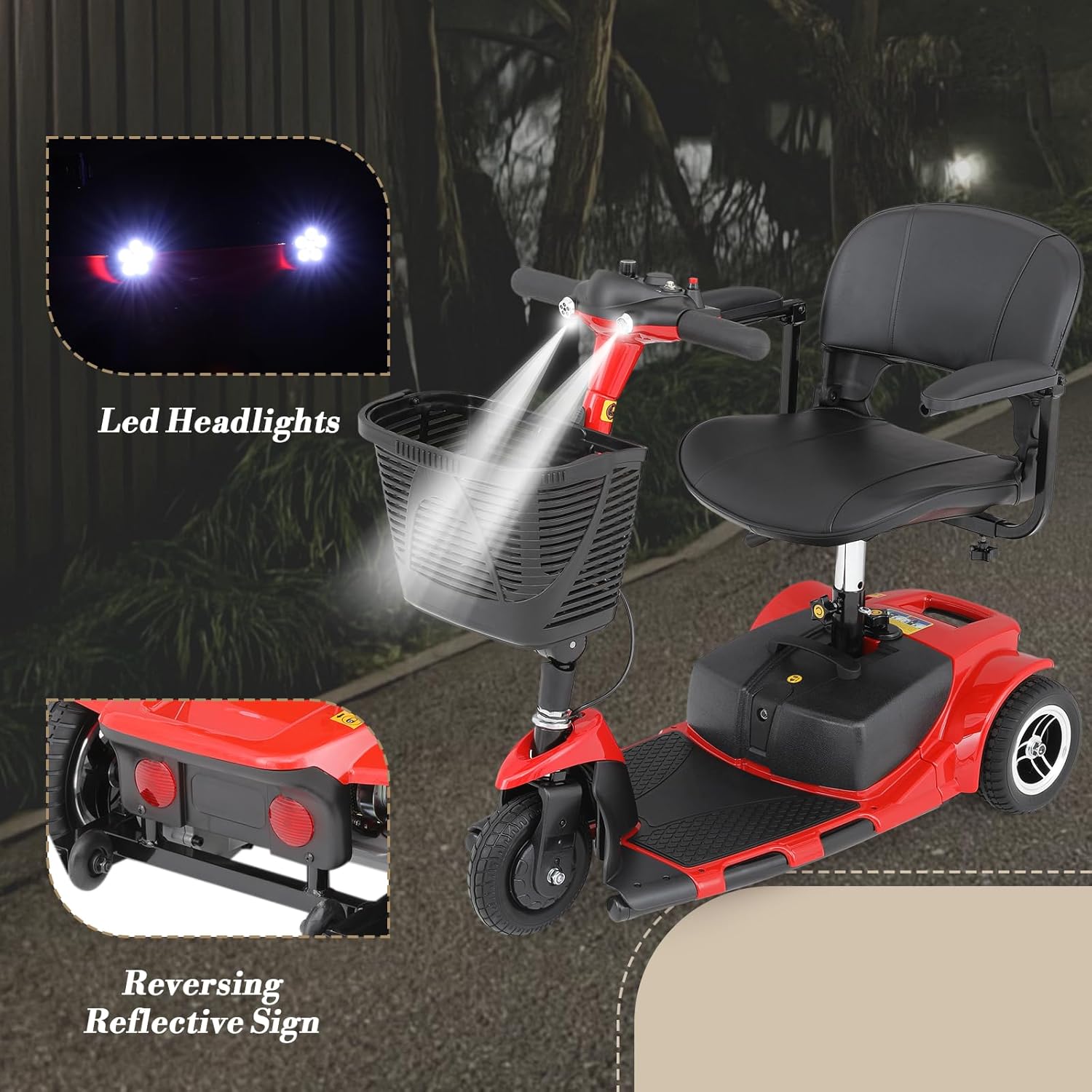Athena Collection 3 Wheel Mobility Scooter Electric Wheelchair Scooter with Seat for Adults Seniors, Foldable Power Motorized Scooter Long Range Battery with Charger Headlights Basket, Red