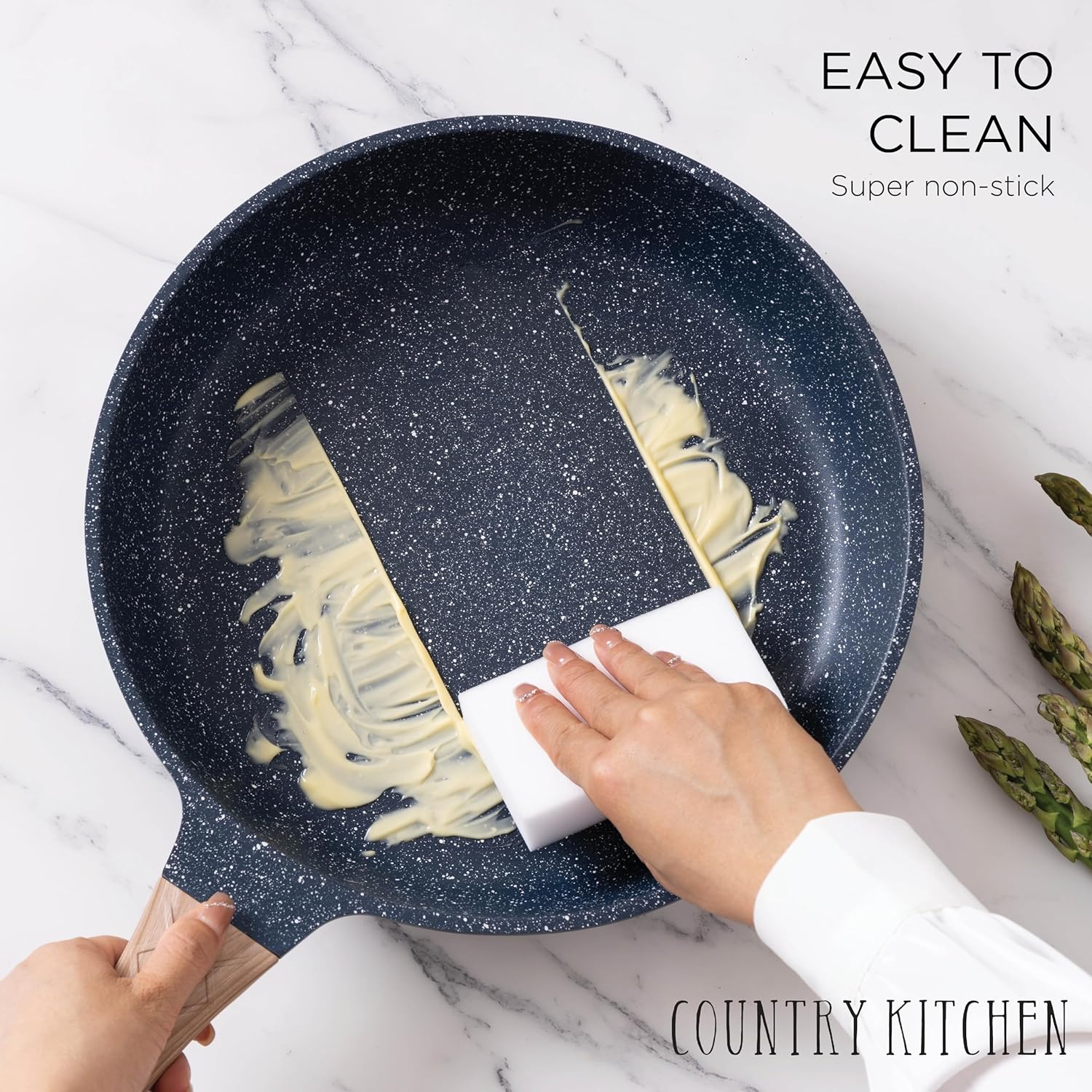 Country Kitchen Induction Cookware Sets - 13 Piece Nonstick Cast Aluminum Pots and Pans with BAKELITE Handles, Glass Lids- Rhombas Design (Navy)