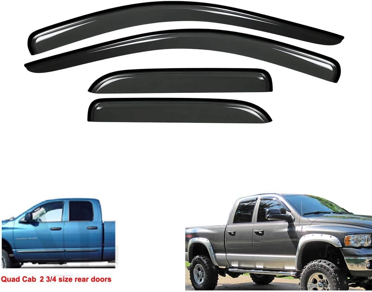 Gldifa Smoke Window Visors fit Dodge 2002-2008 Ram 1500/2003-2009 Ram 2500/3500 Quad Cab Sun Rain Guard Wind Deflectors 94623