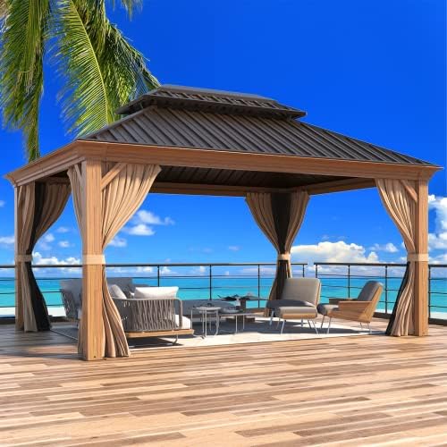 MELLCOM 12'x16' Hardtop Gazebo, Galvanized Steel Metal Double Roof Canopy with Curtains and Netting, Brown Permanent Pavilion Gazebos with Aluminum Frame for Garden, Patio, Lawns, Deck
