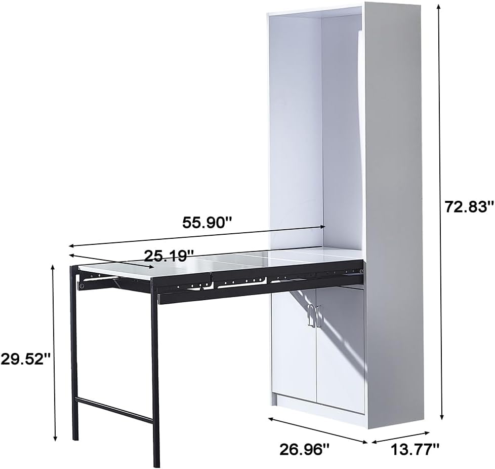 Large Fold-Out Convertible Writing Table, Wall Mounted Space Saving Fold Up Convertible Table with 4-Tier Storage Shelf, Multi-Function Murphy Desk for Home Office, 27" W x 14.6" D x 74.6" H