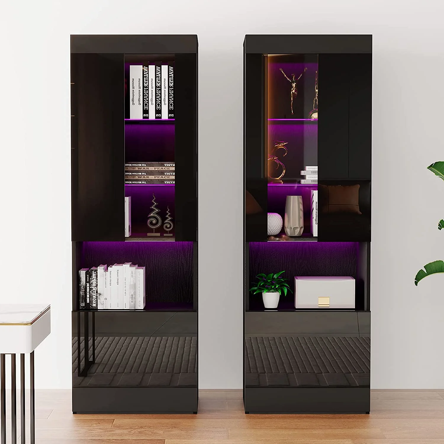 AMERLIFE 2 Piece Bookcase Storage Cabinet, Modern Wood High Gloss LED Bookshelf Display with 3-Tier Adjustable Glass Shelves&Lower Storage for Living Room Bedroom Study Office, Black