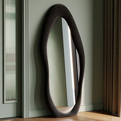 Honyee Full Length Mirror, 63" x 24" Wall Mirror, Flannel Wrapped Wooden Frame Floor Mirror, Irregular Wavy Mirror Hanging or Leaning Against Wall for Cloakroom/Bedroom/Living Room, Milk Tea