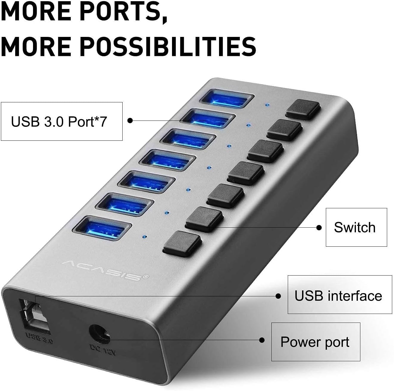 Powered USB Hub - ACASIS 10 Ports 48W USB 3.0 Data Hub - with Individual On/Off Switches and 12V/4A Power Adapter USB Hub 3.0 Splitter for Laptop, PC, Computer, Mobile HDD, Flash Drive and More