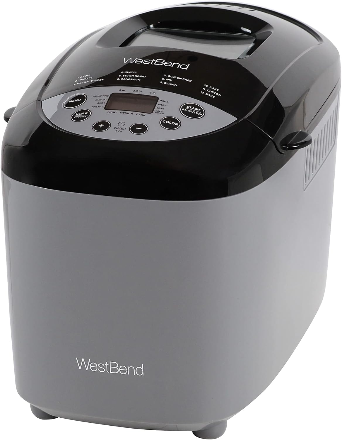 West Bend Hi-Rise Bread Maker Programmable Horizontal Dual Blade with 12 Programs Including Gluten Free, 3-Pound, Gray