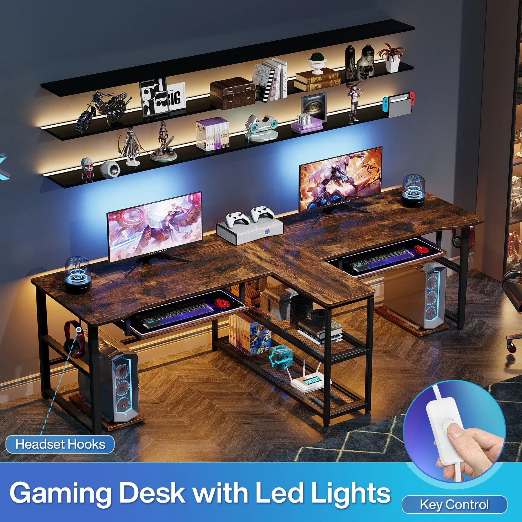 94.5" Two Person Desk, Double Computer Desk with Keyboard Tray & LED Lights