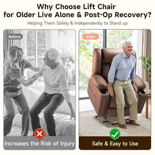 Large Power Lift Chairs Recliners for Elderly with Heated and Massage, Overstuffed Adjustable Lift Chairs, 3 Positions, Breathable Leather, USB-A and USB-C, Cup Holder, Side Pocket Dark Brown