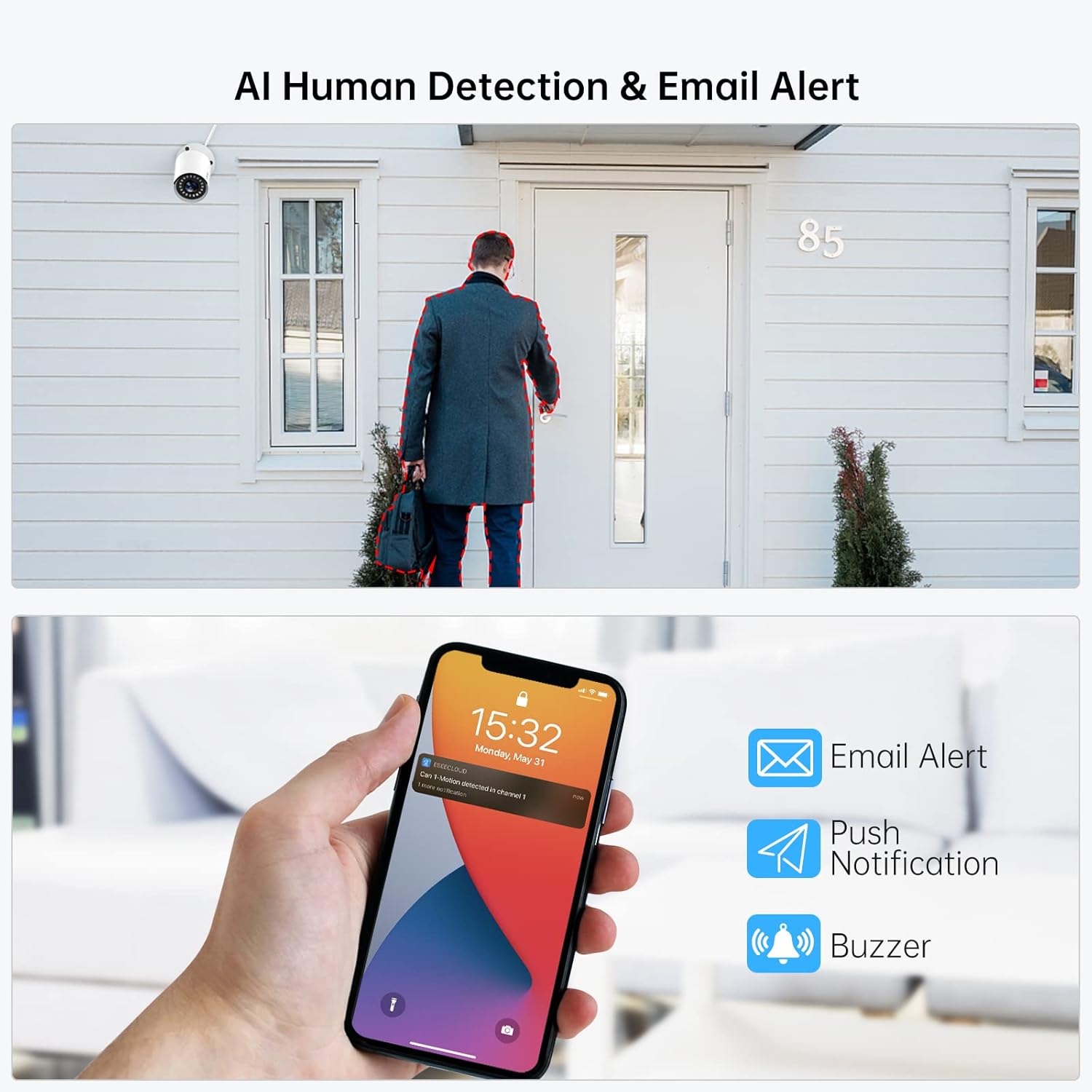 PoE Security Camera System 5MP with Audio, SMONET Home CCTV Surveillance DVR Kits,8 Channel NVR,4Pcs Wired Indoor Outdoor IP Cameras,AI Motion Detection,Night Vision,1TB Hard Drive,Free Phone App