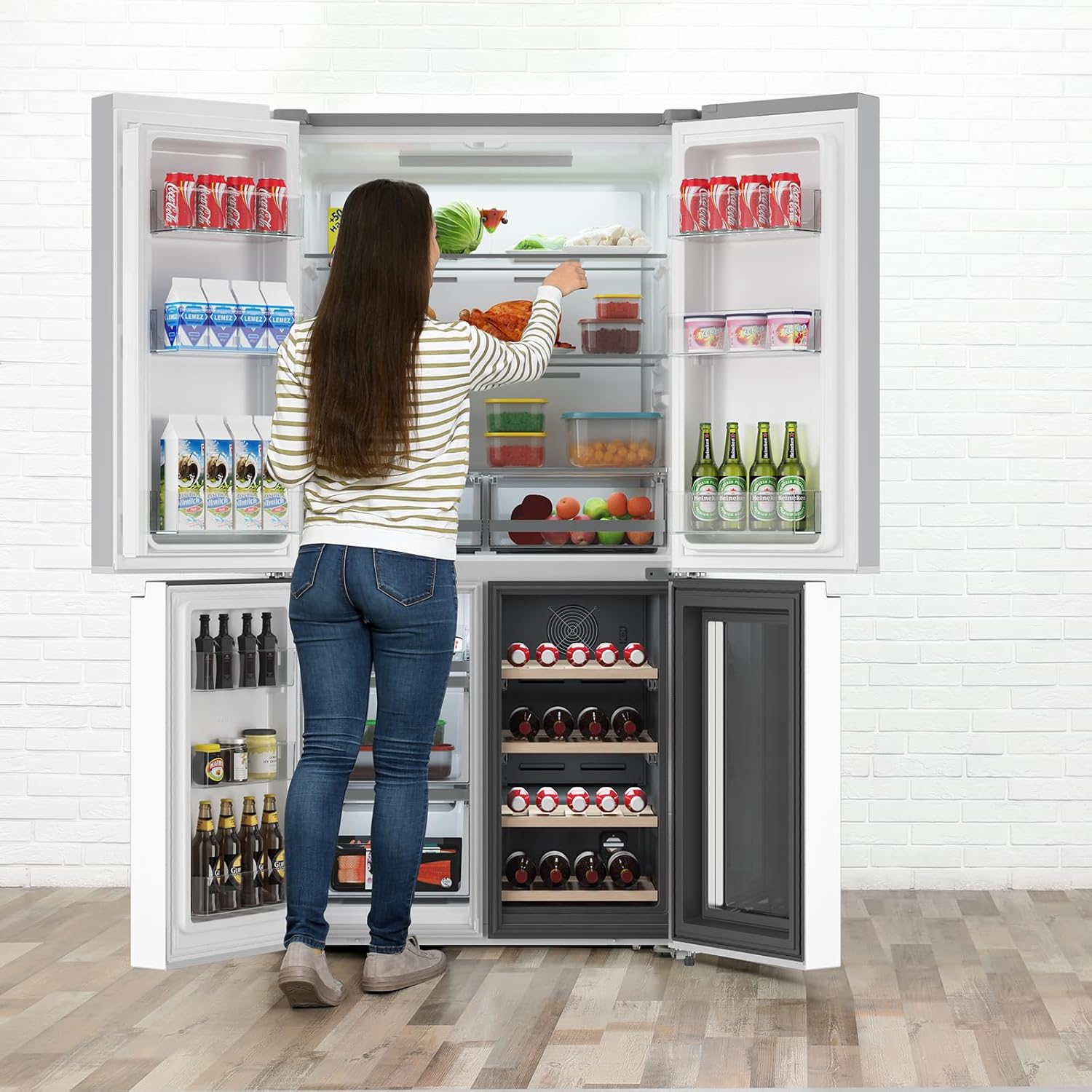 36 Inch Large Capacity French Door Refrigerator, 21 cu.ft Refrigerator with 4 Doors & Wine Cabinet, Dual Ice Maker, Adjustable Glass Shelves