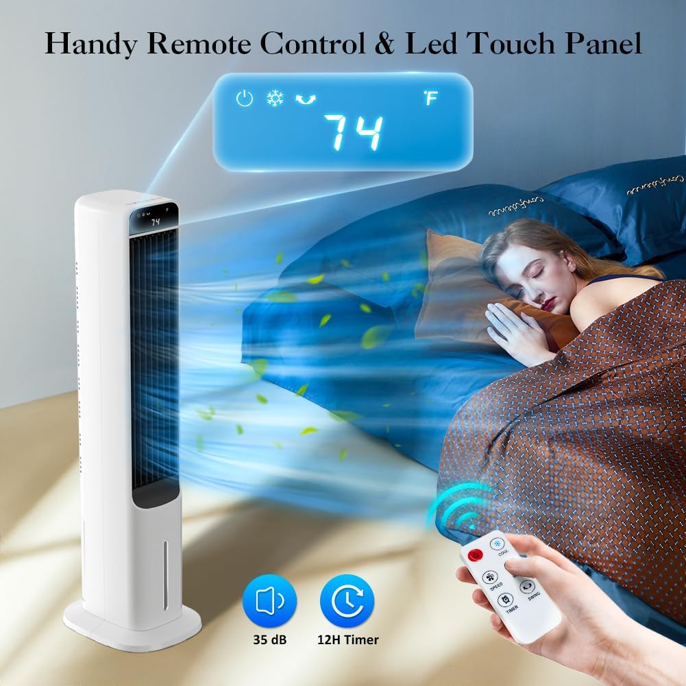 Swamp Cooler, 41" Evaporative Air Cooler With 4 Ice Packs, Remote, 50° Oscillation 3 Speeds 3 Wind Modes, Bladeless Cooling Fan That Blow Cold Air, Portable Air conditioner For Bedroom Home Office