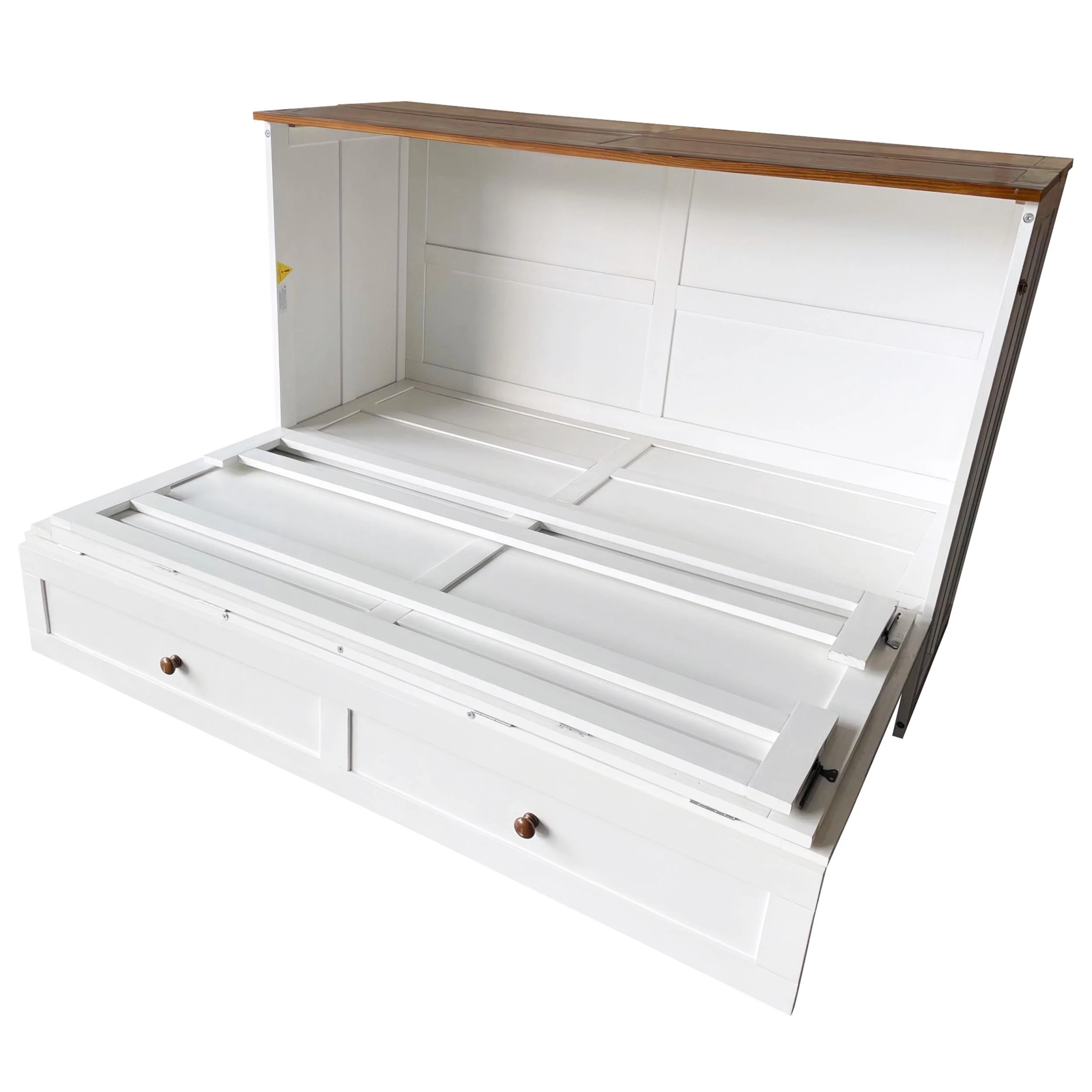 Bellemave Murphy Bed Queen with Storage Drawer, Solid Wood Queen Size Murphy Bed Cabinet with Charging Station, Easy Fold Modern Murphy Beds for Guest Room Home Office (White+Walnut)