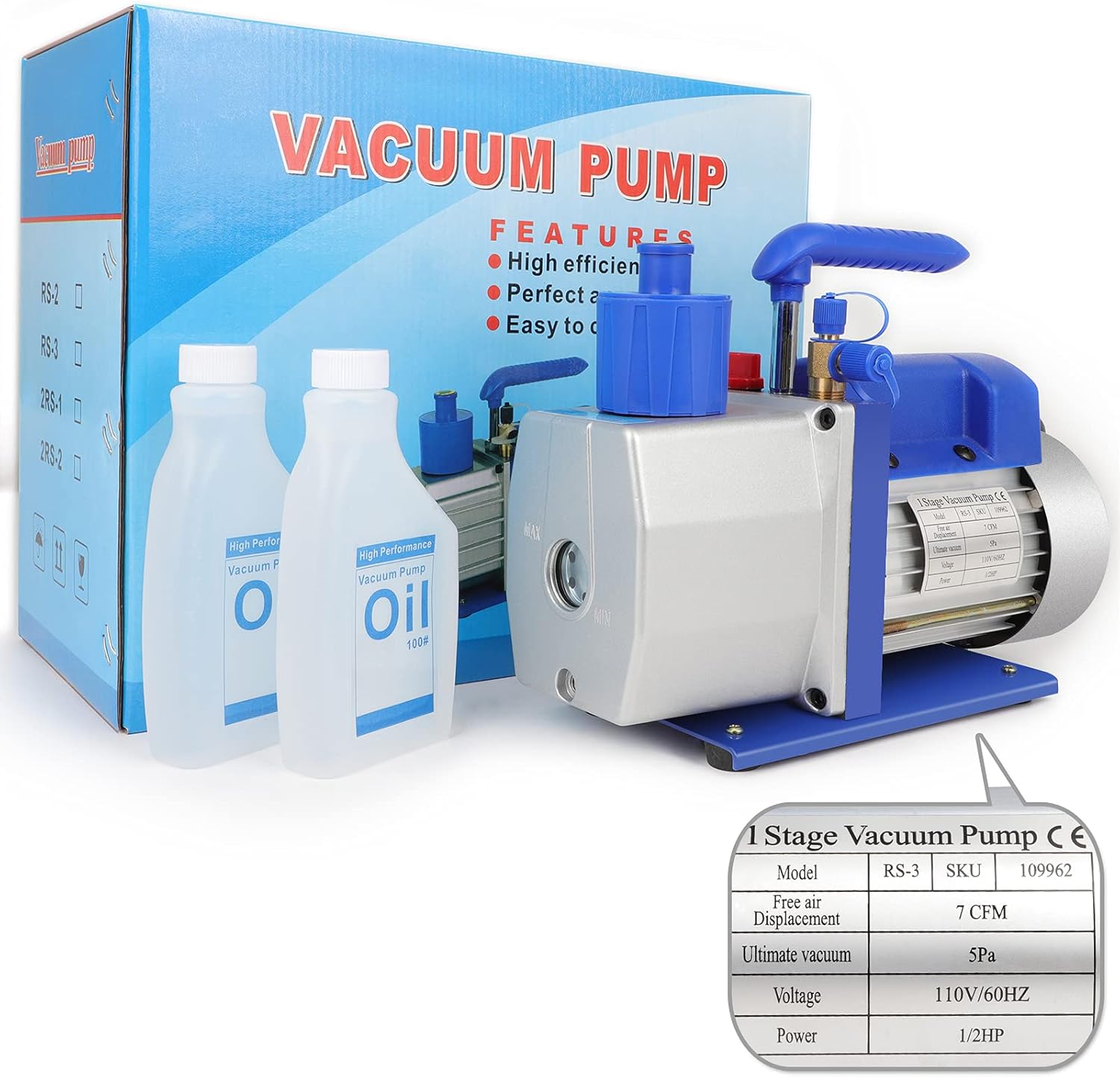 7 CFM Rotary Vane Vacuum Pump (7CFM,1/2HP,5 Pa,110V/60Hz,250ml Oil Capacity) for HVAC/Auto AC Refrigerant Recharging, Wine Degassing, Milking, Medical, Food Processing etc
