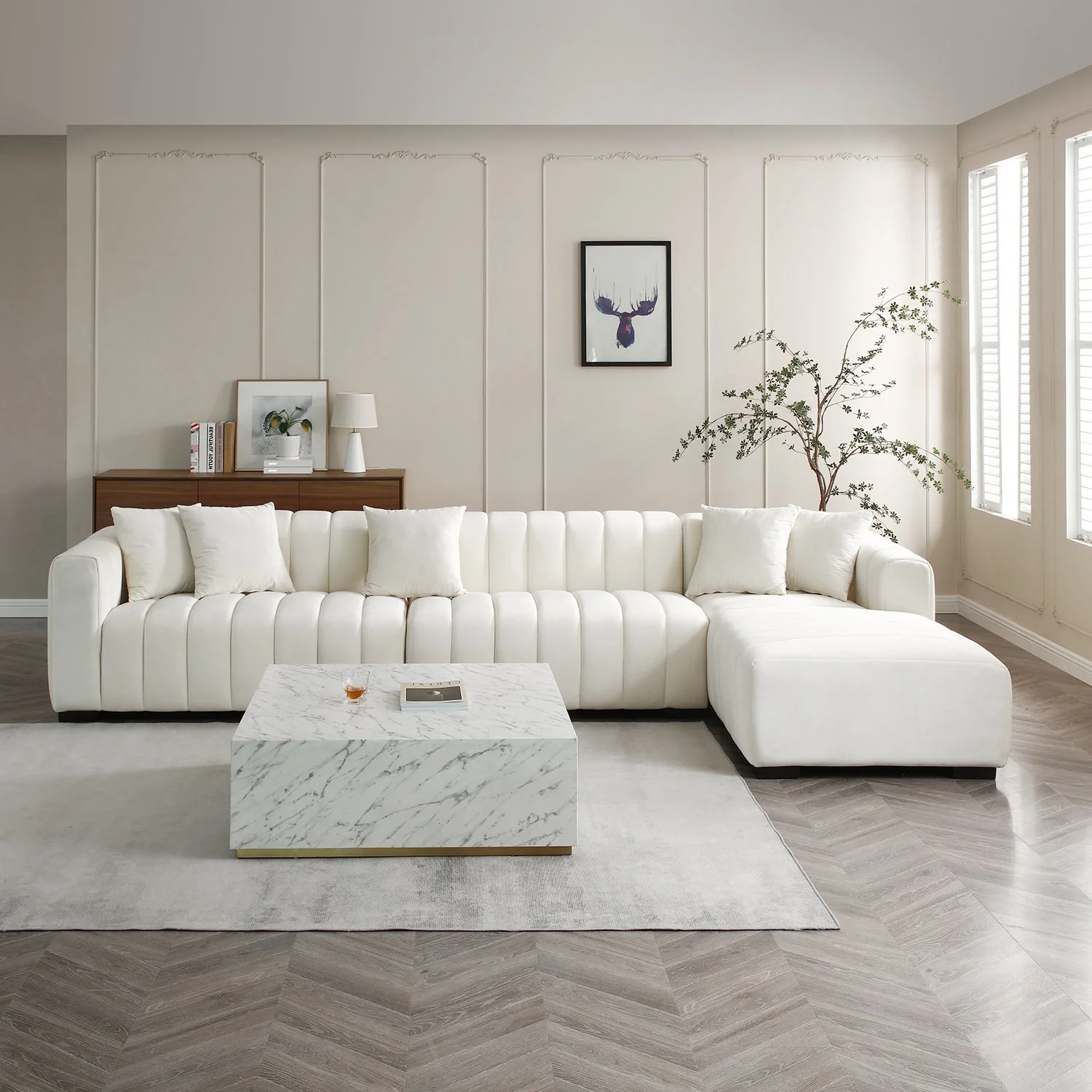 Kevinplus L-Shape Sectional Sofa with Deep Tufted Velvet Upholstered Right Chaise Modular Sofa,Sectional Sofa Couch for Living Room,Beige