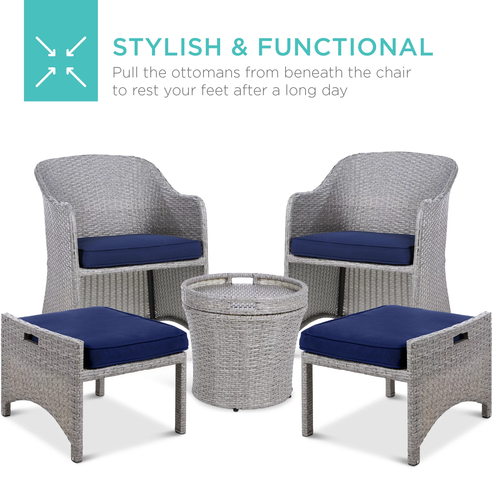 Best Choice Products 5-Piece Outdoor Wicker Patio Bistro  Furniture Set w/ Storage Table, No Assembly - Gray/Navy