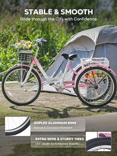 Viribus Adult Tricycle, 7 Speed Tricycle for Adults with Front & Rear Removable Wheeled Baskets, 3 Wheel Bikes for Adults Seniors Women Men, Trikes 400lb. 24 26 inch