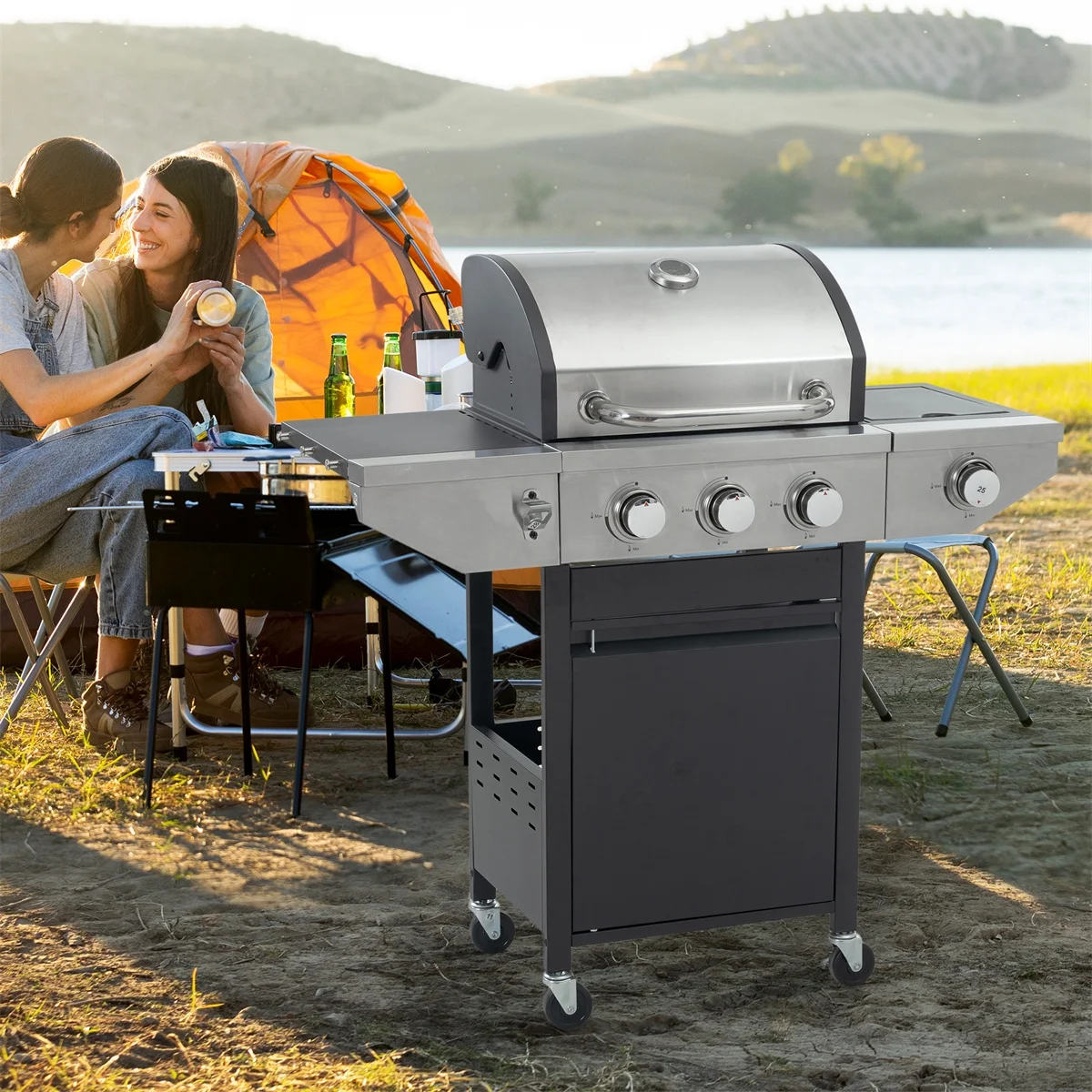 Highsound 3 Burner BBQ Propane Gas Grill with Side Burner, Stainless Steel 37,150 BTU Patio Garden Barbecue Grill with Thermometer, Black