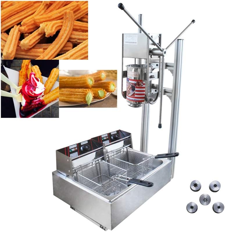 TECHTONGDA Commercial Manual Churros Maker, Churro Maker Machine with 5 Nozzles and 12L 220V Deep Fryer, 3L Stainless Steel Manual Spanish Donut Churrera Churro Maker Machine, Latin Fruit Machine
