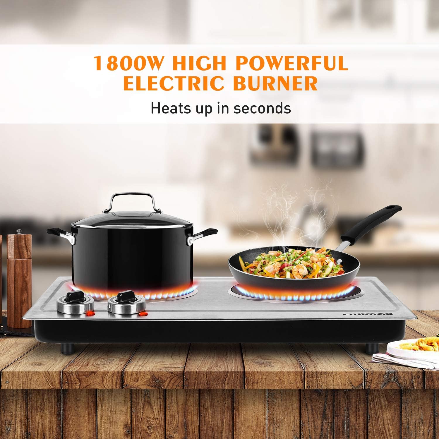 Cusimax Hot Plate Electric Burner Single Burner Cast Iron hot plates for cooking Portable Burner 1500W with Adjustable Temperature Control Stainless Steel Non-Slip Rubber Feet, Upgraded Version