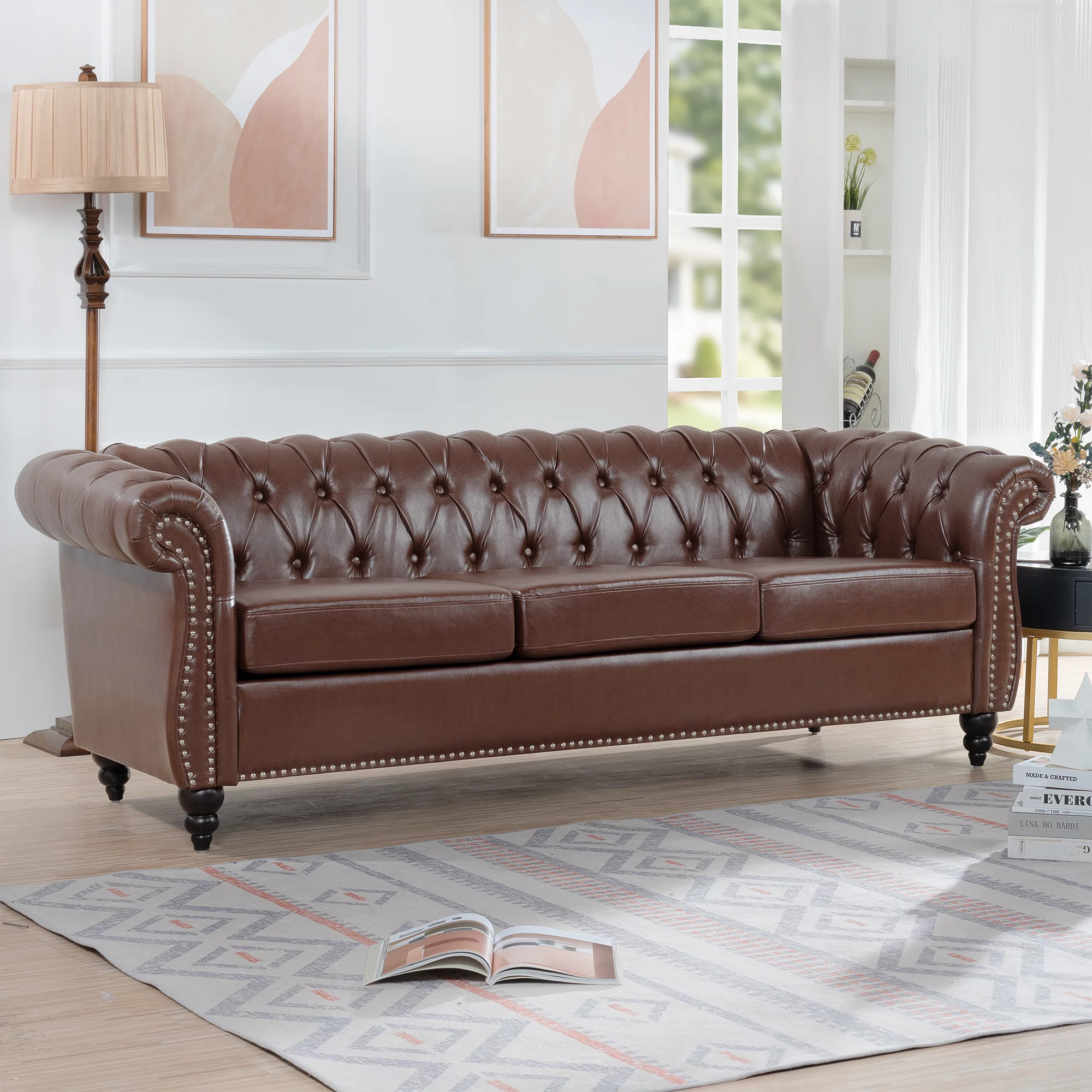 Chesterfield Sofas for Living Room, Rolled Arm 3-Seater Leather 84" Large Couch Deep Button Nailhead Tufted Black Upholstered Couches for Bedroom, Office Apartment (Dark Brown)