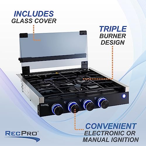 RecPro RV Built In Gas Cooktop | 2 Burner or 3 Burner | RV Cooktop Stove | 6,500 and 8,000 BTU Burners | Cover Included