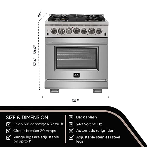 FORNO Capriasca Freestanding Dual Fuel Gas Range Burners Cooktop and Electric Convection Oven, Stainless Steel Stove Range