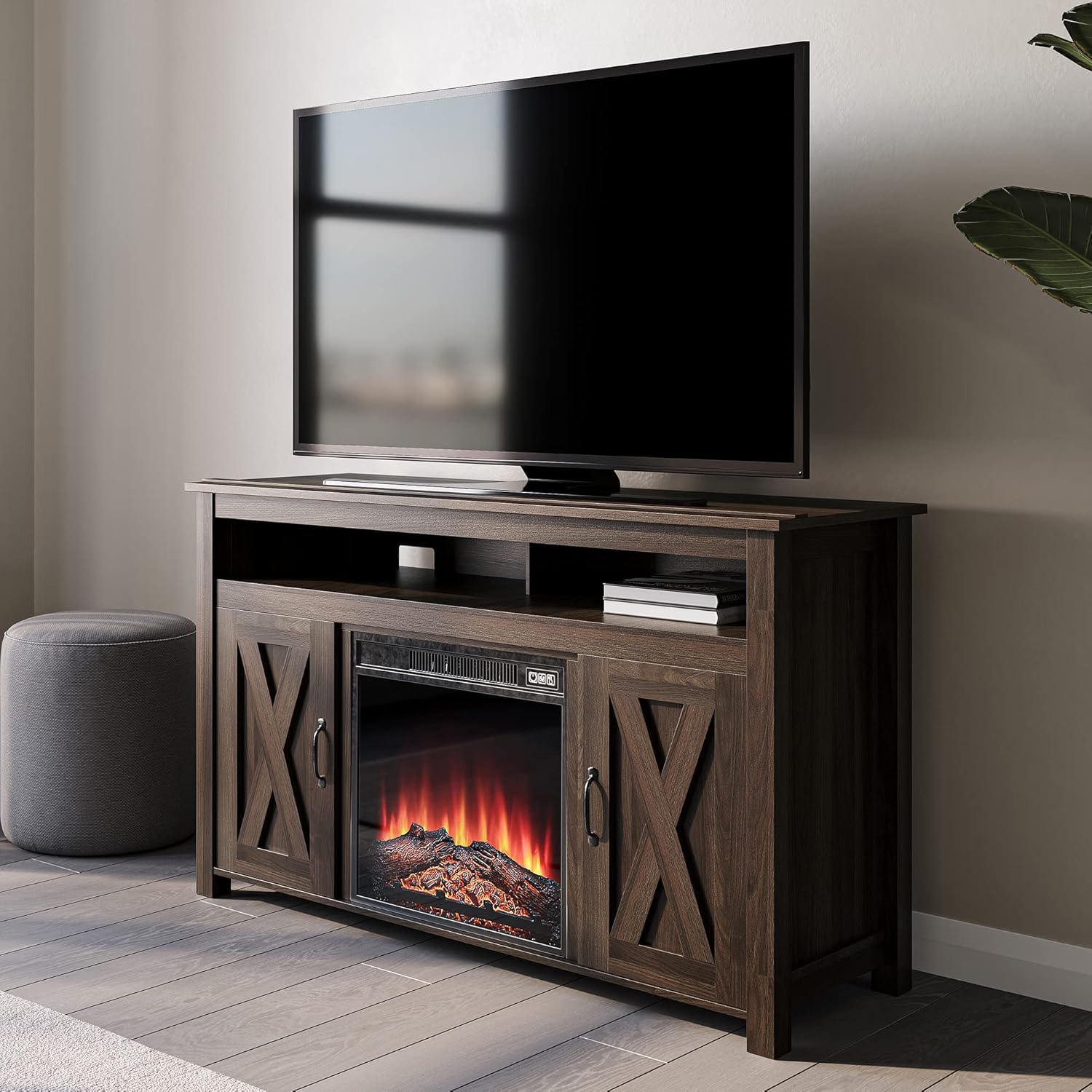 BELLEZE Barn Door Wood Electric Fireplace TV Stand & Media Entertainment Center Console Table for TVs up to 65 Inches with Two Open Shelves and Cabinets - Corin (Gray Wash)