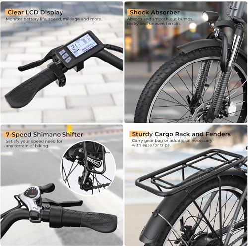 Electric Bike for Adults, 1000W Peak Ebike, 21.7MPH 50Miles City Cruiser Ebikes, 26" Step Thru Electric Bicycle with 48V Removable Battery, Adjustable Stem, Rear Rack, Front Suspension,7 Speed