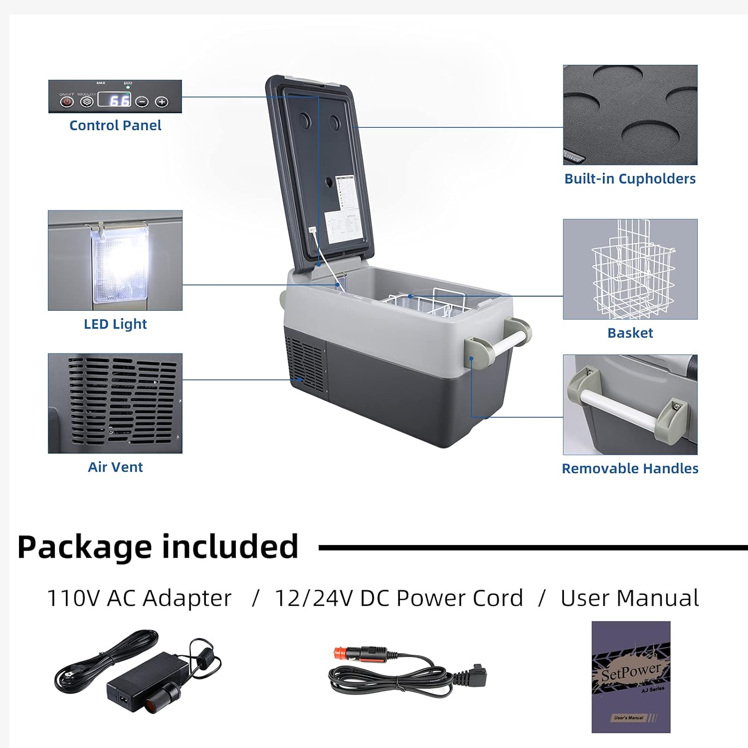 SetPower AJ50 Portable Refrigerator, Car Refrigerator, Portable Fridge Freezer, 12 volt Cooler, Car Fridge, Compact Refrigerator with 3-YEAR Warranty, 12/24V DC and 120-240V AC, Car and Home Use