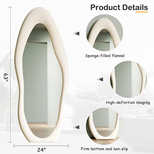 Honyee Full Length Mirror, 63" x 24" Wall Mirror, Flannel Wrapped Wooden Frame Floor Mirror, Irregular Wavy Mirror Hanging or Leaning Against Wall for Cloakroom/Bedroom/Living Room, Milk Tea