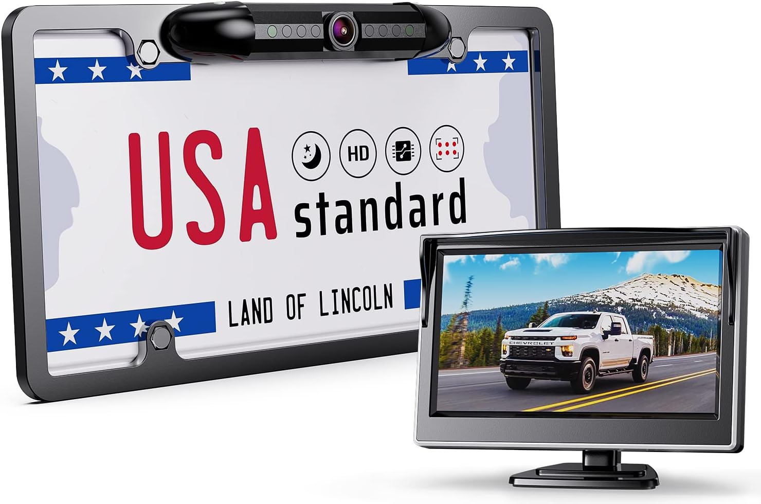 eRapta Backup Camera for Car, 1080P Back UP Camera License Plate Frame with 5 Inch Monitor, Wired Rear View Camera for Truck SUV Pickup, 170° Angle Reverse Camera IR Night Vision IP69 Waterproof, EM43 Pack of 2