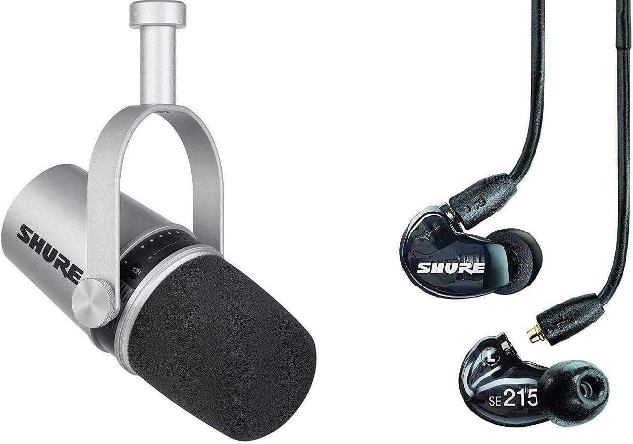 Shure MV7 USB/XLR Dynamic Microphone + SE215 Professional in-Ear Headphones for Podcasting, Recording, Streaming & Gaming, Built-in Headphone Output, Voice-Isolating Technology - Black/Clear