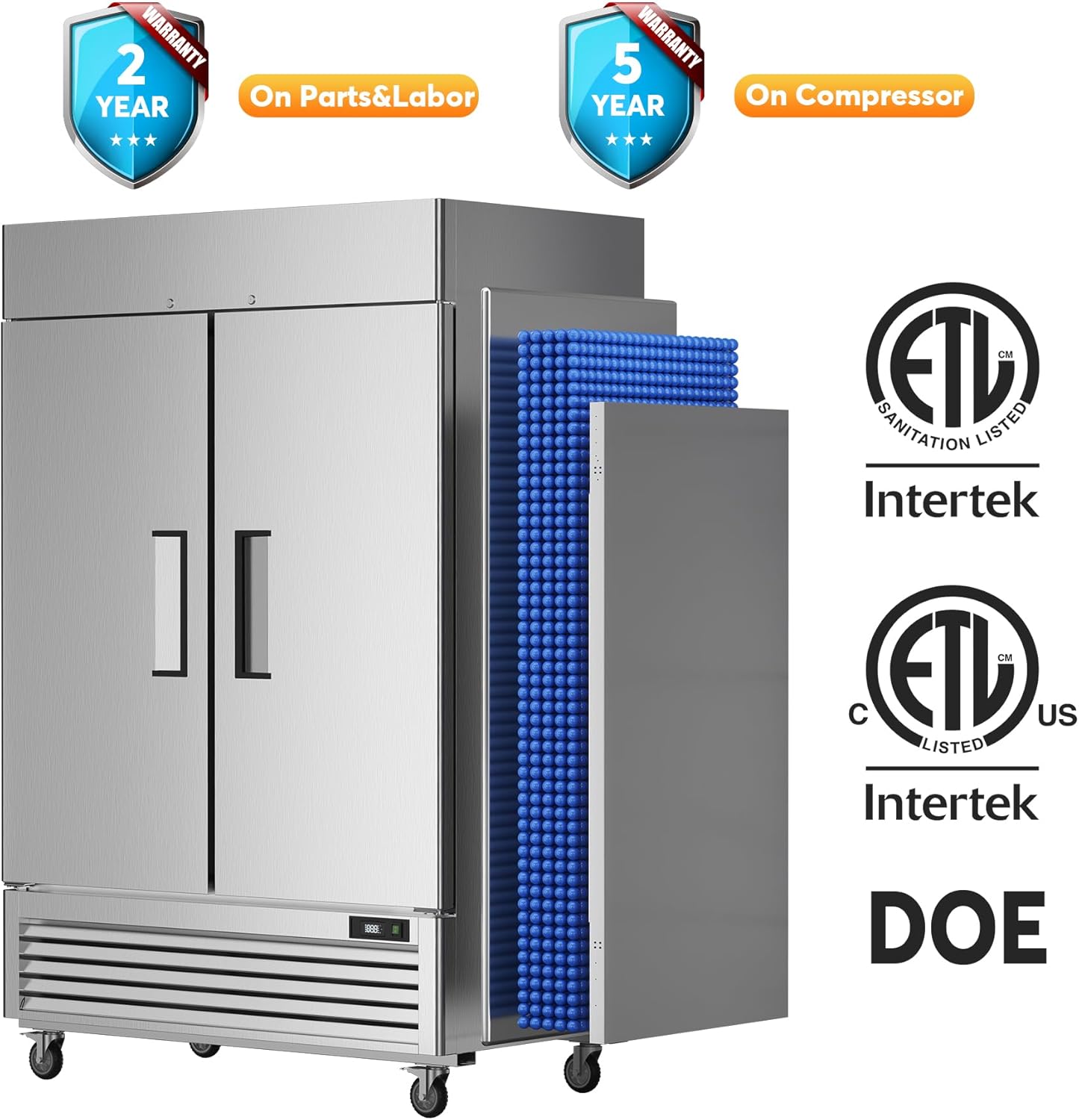 54’’ Commercial Freezer with 2 Door, Stainless Steel Reach-in Freezer Upright with 49 Cu.Ft/8 Shelves, Two Section Fan Cooling Freezers for Restaurant Garage ETL NSF Approved