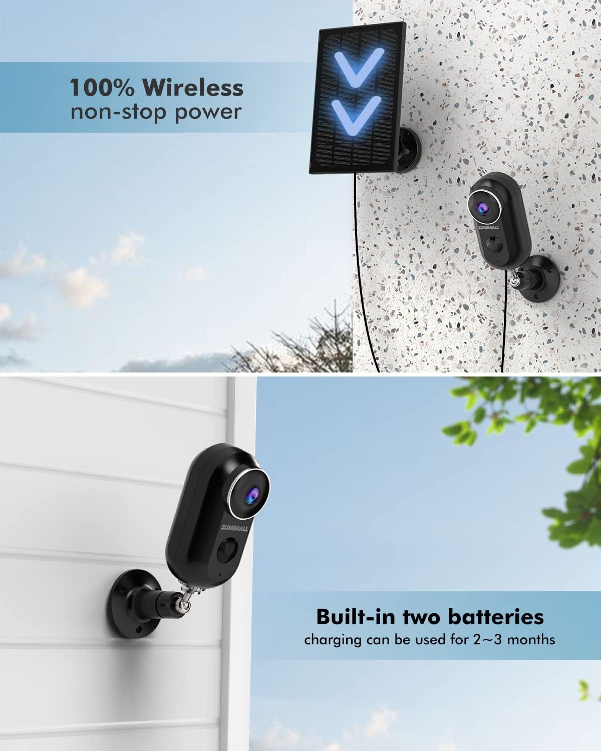Outdoor Security Camera with Solar Powered, ZUMIMALL Wireless Camera for Home Security & Surveillance, 1080P HD Security Camera with Human Motion Detection, Night Vision, 2-Way Audio, IP66 Waterproof