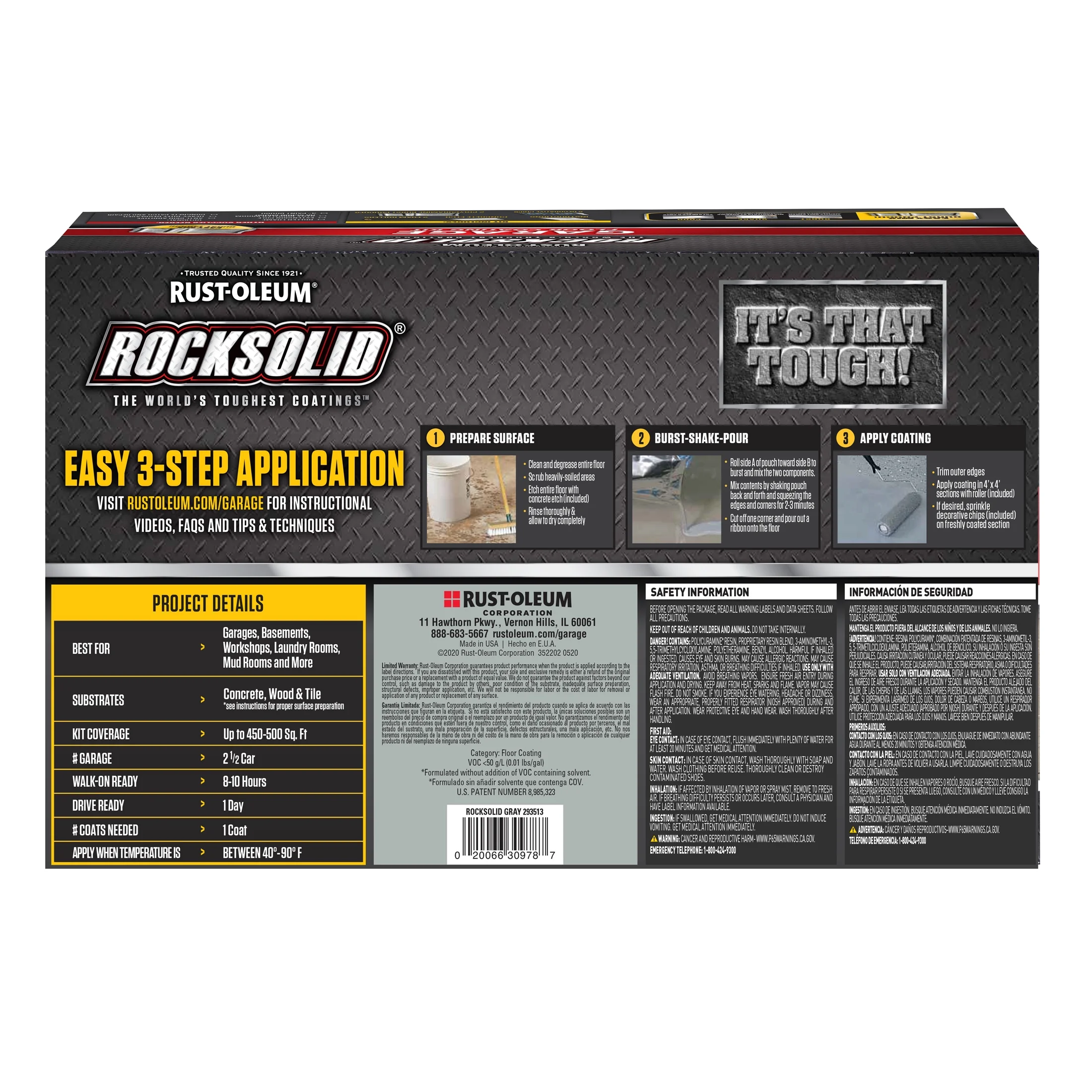 Gray, Rust-Oleum RockSolid Garage Floor Coating Kit-293513, High Gloss 2.5-Car,180 oz Kit, 1 Pack