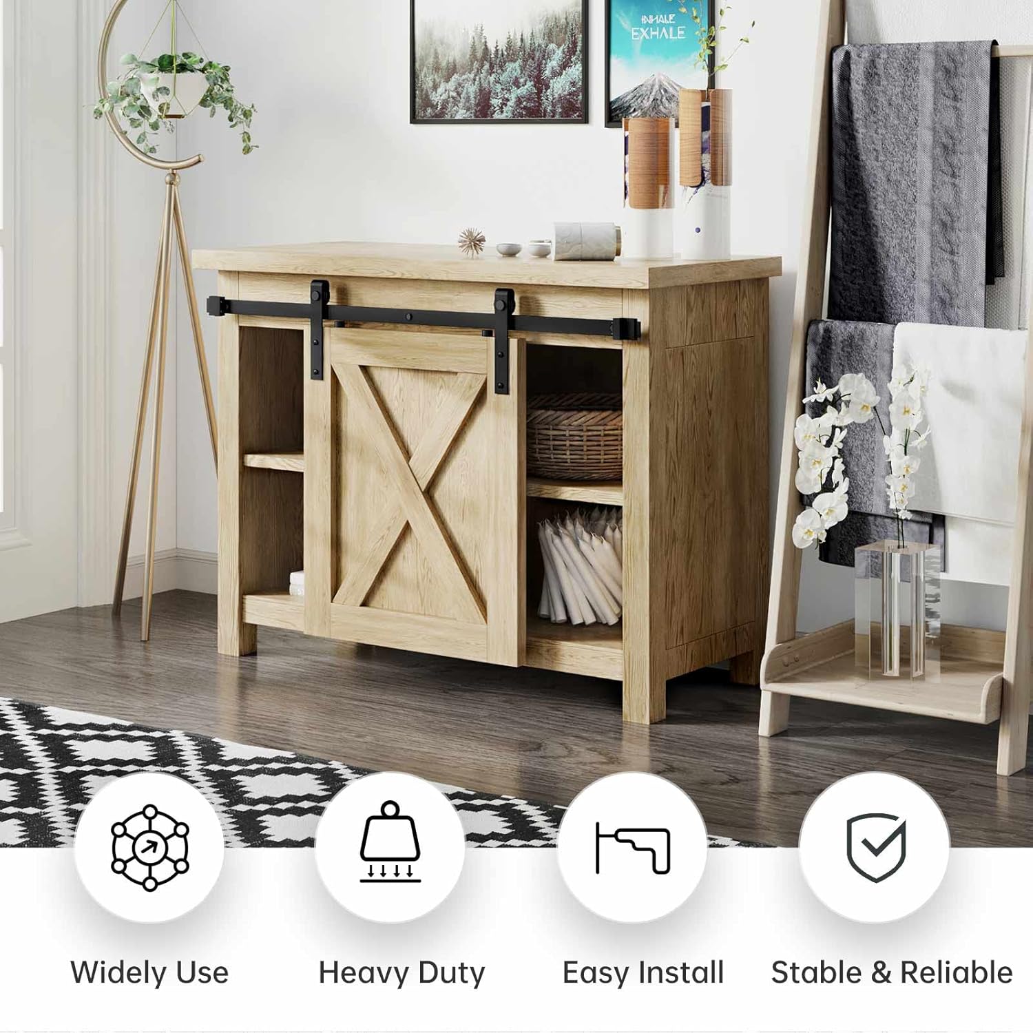 EaseLife 5 FT Cabinet Mini Sliding Double Barn Door Hardware Track Kit,Easy Install,Slide Smoothly Quietly,Apply for Storage Window TV Stand and Other Shielding (No Cabinet)