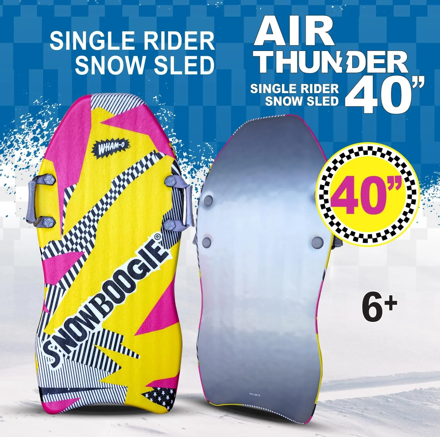 Snowboogie Wham-O Air Thunder 40" 2 Pack | Single Rider Snow Sleds with Side Handles | PE Foam Core for Better Comfort | Snow Sledding for Adults & Children ( YELLOW, 2PACK)