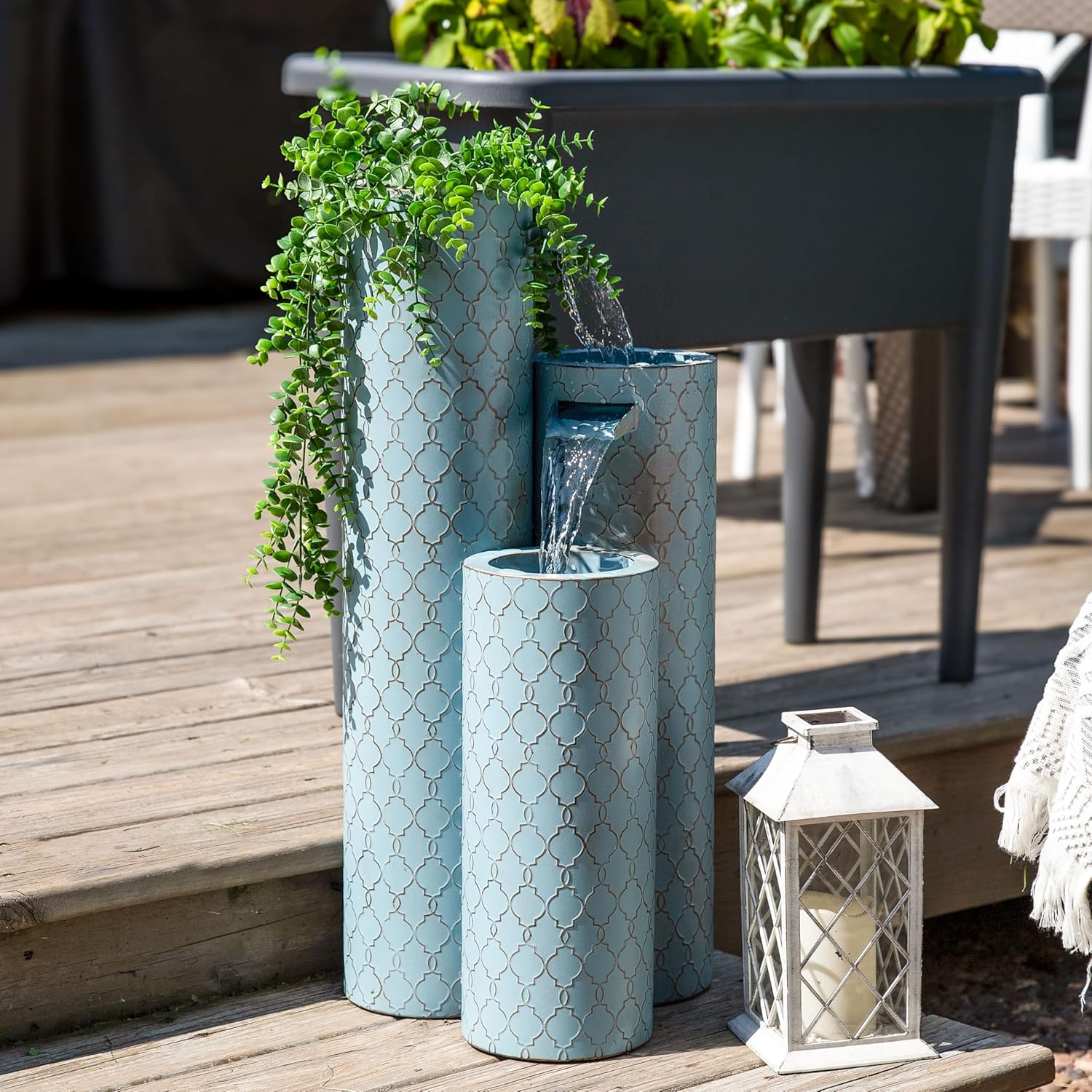 Sunnydaze Moroccan Trellis 3-Column Modern Outdoor Water Fountain - Zinc Cascading Outdoor Fountain - 27.5-Inch