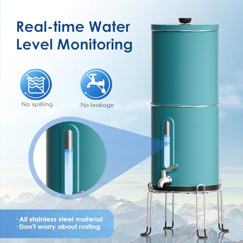Purewell Gravity Water Filter System, 2.25 Gallon Stainless Steel Countertop System with 2 Black Filters, Visible Window and Stand,Reduce up to 99% Chlorine