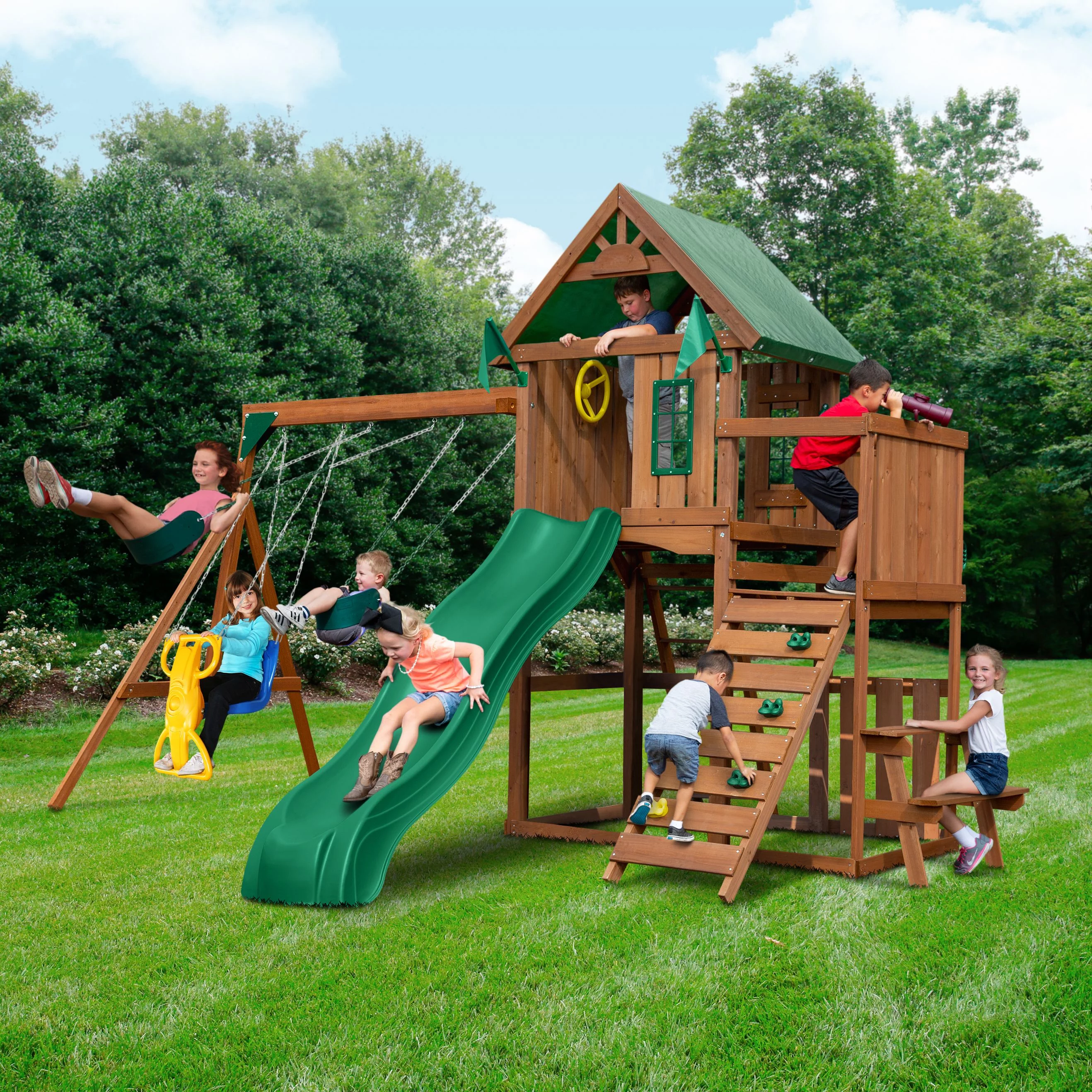 Swing-N-Slide Knightsbridge Wooden Backyard Swing Set with Alpine Wave Slide, Glider Swing, and Rock Climbing Wall