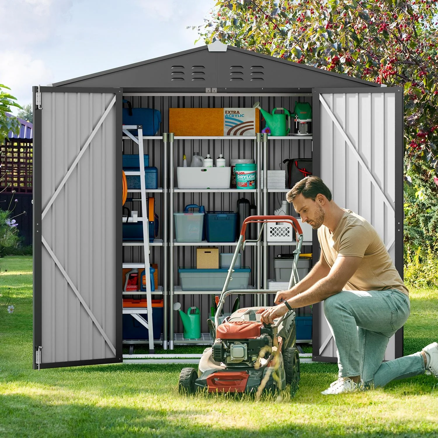 6' x 4' Outdoor Storage Shed with Base Frame, Lofka Anti-Corrosion Metal Garden Shed, Dark Gray