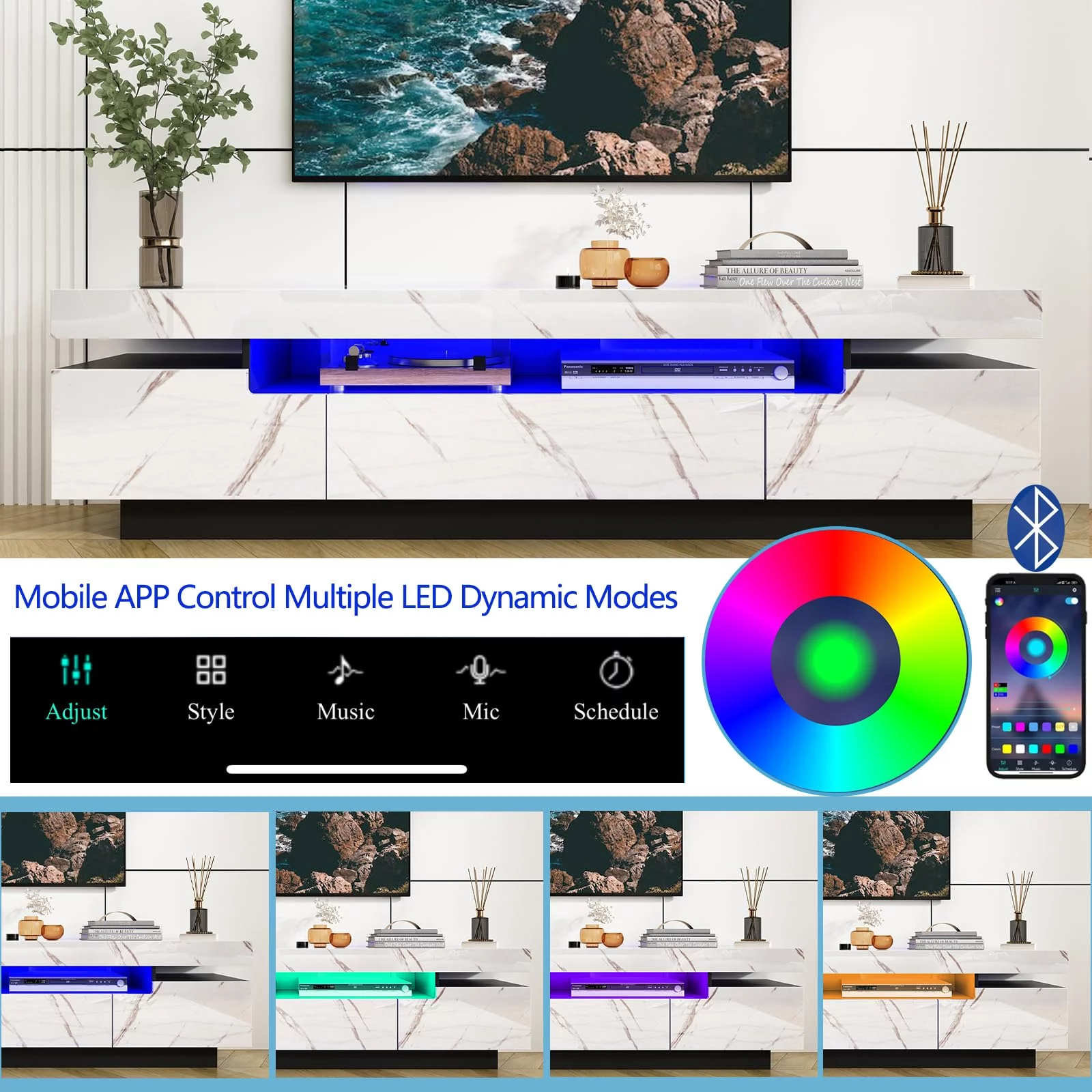 ChVans Led TV Stand for 85/80/75 inch TV, 70.9IN High Gloss Modern LED TV Stand with Storage, Entertainment Center with APP RGB Light,Television Stands for Living Room, White Marbling