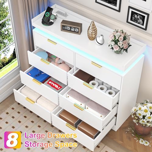 White Dresser with LED Lights, Wooden LED Dresser, 4 Drawer Chest with Charging Station, Tall Chest of Drawer Closet Organizer for Bedroom, Living Room, Entryway, Hallway