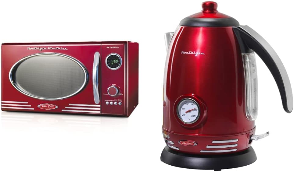 Nostalgia Retro Countertop Microwave Oven, 0.9 Cu. Ft. 800-Watts with LED Digital Display, Child Lock, Easy Clean Interior, Red & WK17RR Retro Stainless Steel Electric Water Kettle, 1.7 L, retro red