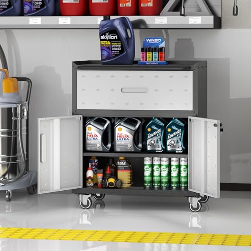 Metal Storage Cabinet with Wheels, Lockable Garage Cabinet with Doors and Shelves, Rolling Tool Storage, Assembly Required, Black
