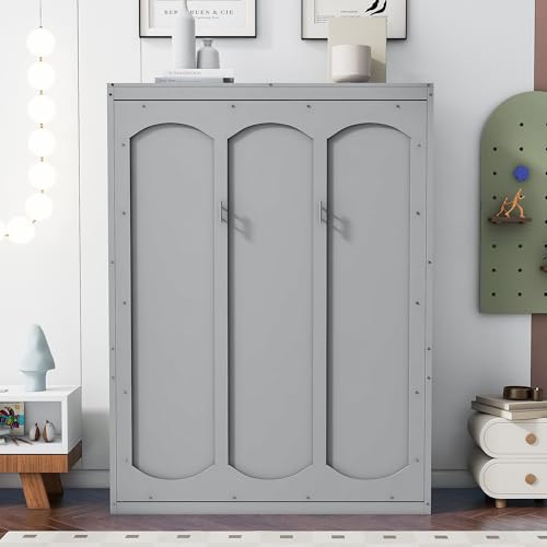 Voohek Full Size Murphy Bed with 2 Tier Shelves, Folding Bedframe w/Flexible Slats Support, Space-Saving Design, Can Be Folded Into A Cabinet, for Kids, Teens, Adults, No Box Spring Needed (White)